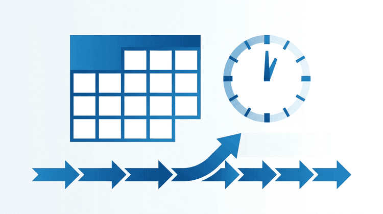 Calendario y reloj con flechas desplazándose en una línea de tiempo, ilustrando la postergación del plazo de SUNAT
